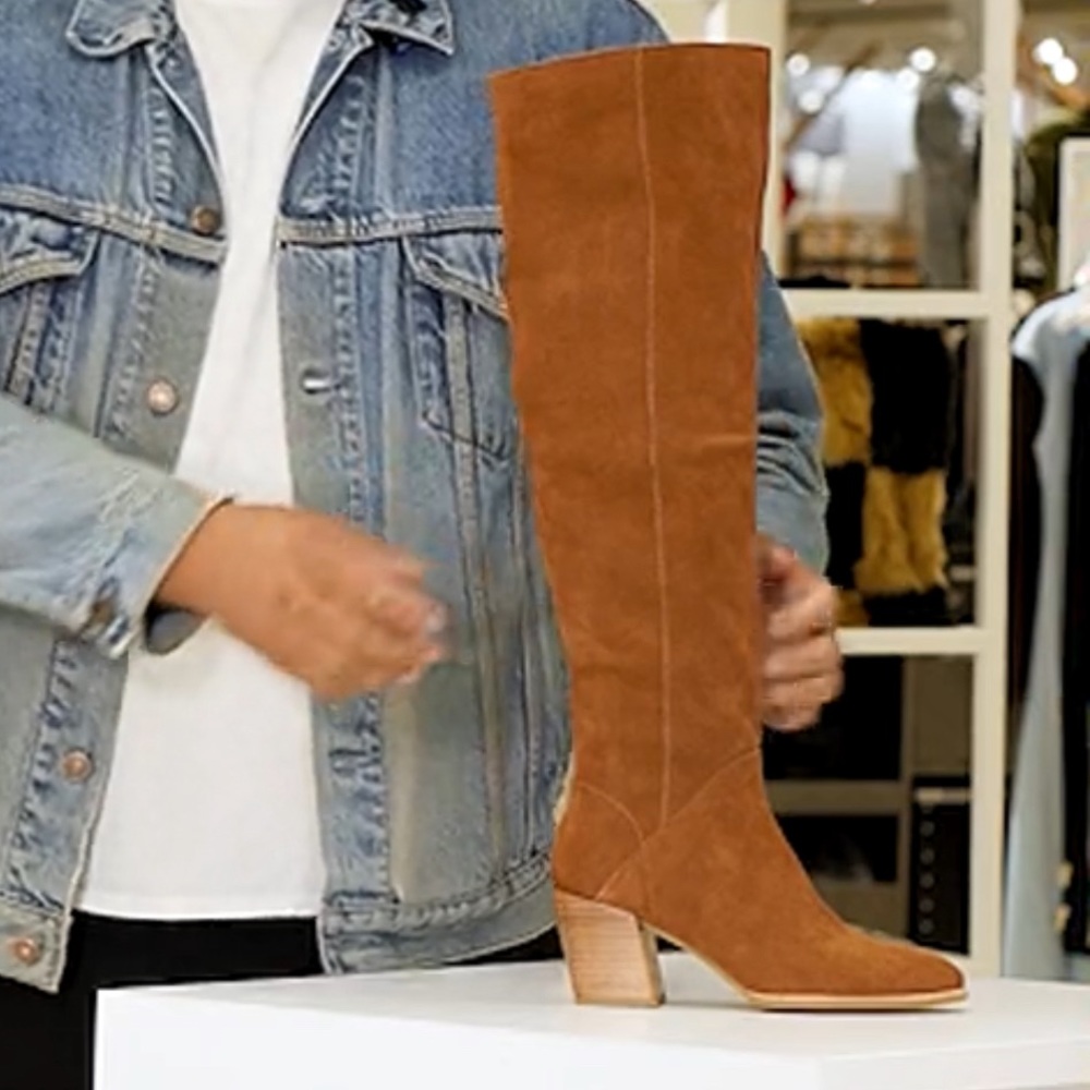 Camel colored leather suede high boots - super fun to style